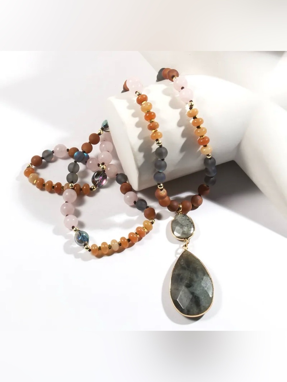 Bohemian Style Women's Necklace Natural Stone Glass Knot Design